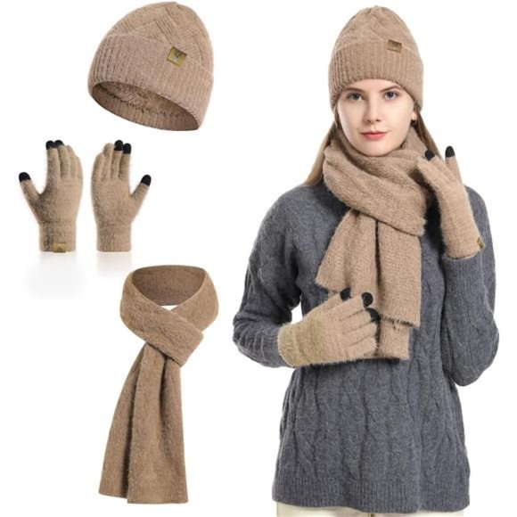 Women's Winter Knit Hat Beanie Scarf with Touch Screen Gloves Set Khaki